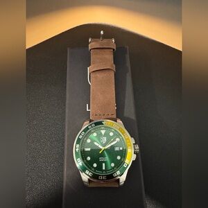 Three Leagues Artillery Green and Yellow Watch with Leather Strap